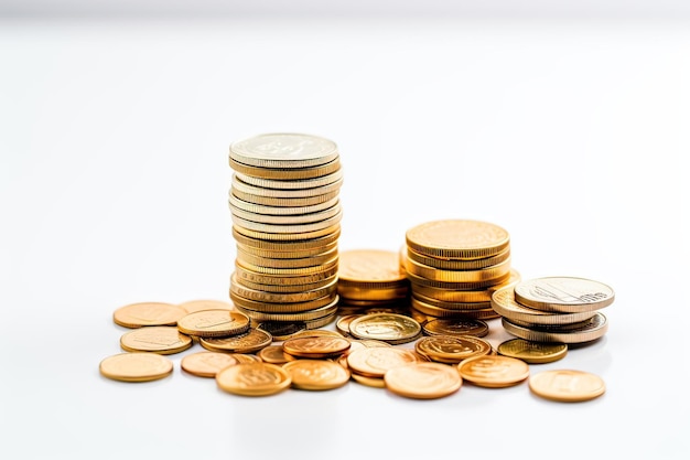 Фото Куча золотых монет на белом фоне концепция бизнеса и финансов