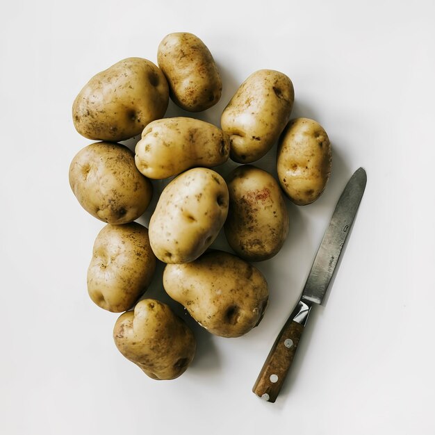 Фото Куча целого нового урожая неочищенного белого картофеля и нож сверху на белом фоне