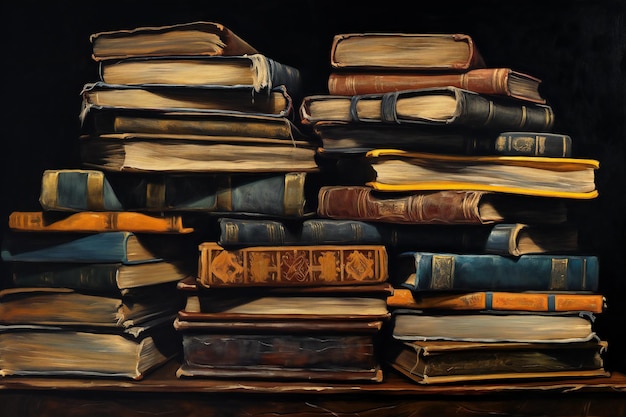 Photo pile of old books on a dark background retro style