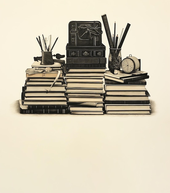 Pile of old books and stationery on white background retro toned Back to school concept