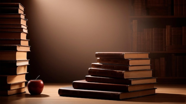 Pile of Old Books on a Wooden Table in a Library