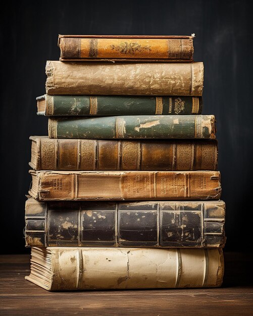 pile of old books on a wooden table