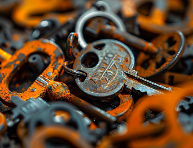 A pile of old keys with rusty metal