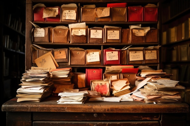 Pile of old mail on a wooden shelf