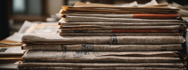 Pile of old newspapers selective focus