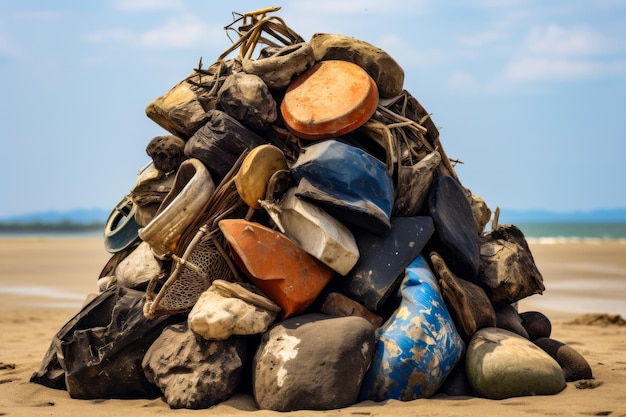 Pile of old shoes sitting on top of pile of rocks Generative AI