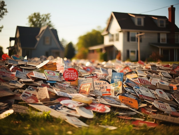 Pile of Old Signs in Front of House