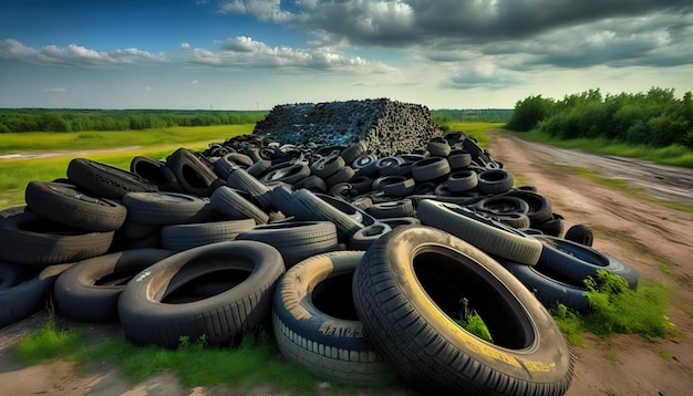 A pile of old tires is piled up in a field.