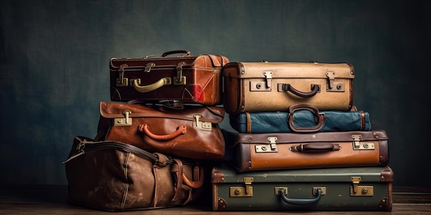 Pile of old vintage bag suitcases