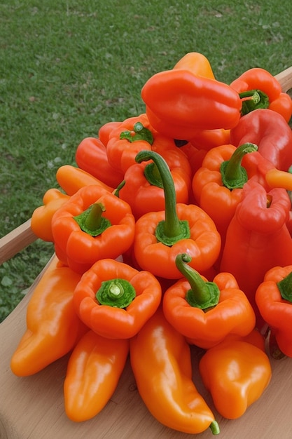 A pile of orange peppers with the green stem on the top.