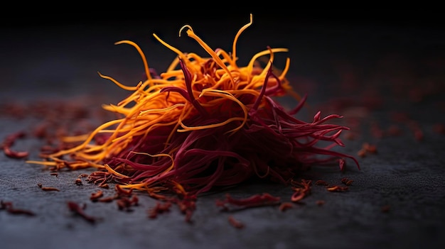 A pile of orange and purple saffron seeds sits on a dark table.