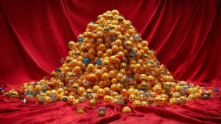 Photo a pile of orange and yellow balls with faces on them