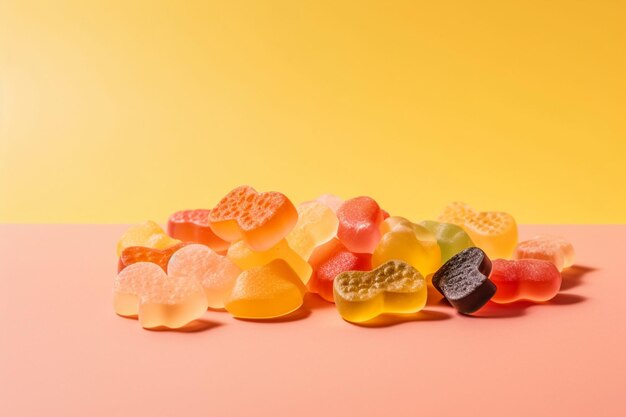 A pile of orange and yellow jelly candies on a yellow background