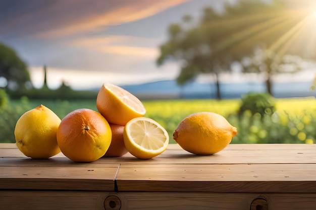 A pile of oranges and lemons on a wooden table