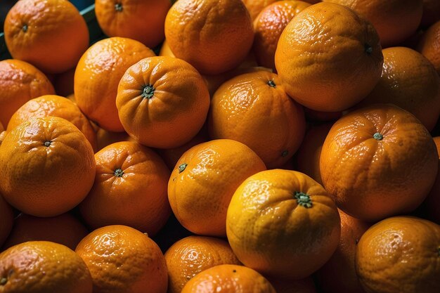 新鮮さで買い物客を招待する市場のスタンドのオレンジの山