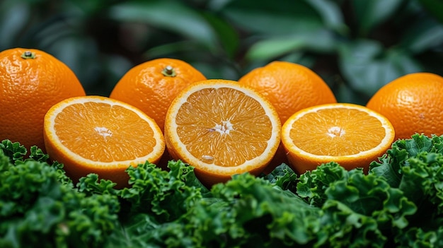 a pile of oranges with green leaves and a bunch of broccoli