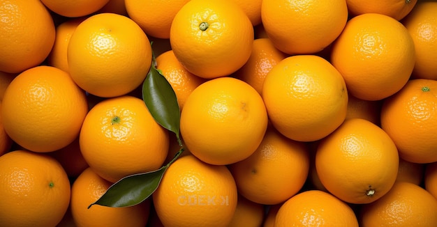 A pile of oranges with a leaf on top of them with a green leaf on top of them a stock photo