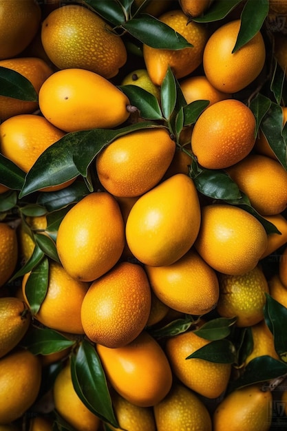 A pile of oranges with leaves on them