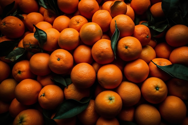 A pile of oranges with leaves on them