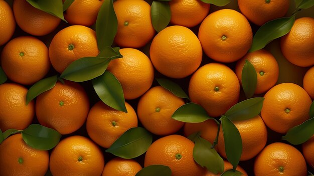 A pile of oranges with leaves on them