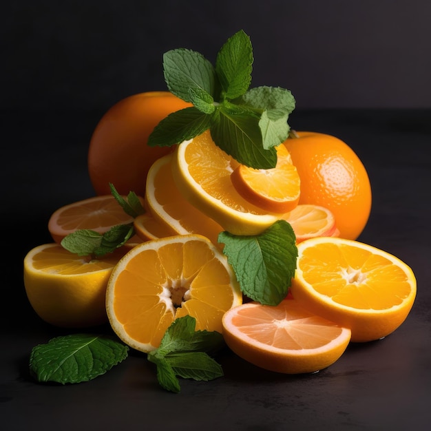 A pile of oranges with mint leaves on top of them