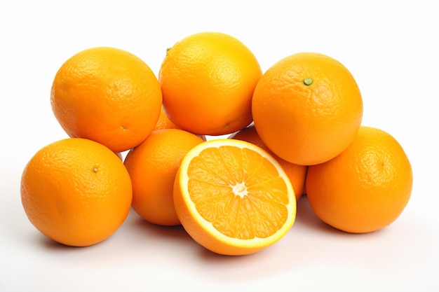 a pile of oranges with one cut in half