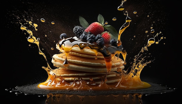 Photo pile of pancakes with honey and berries on a black background generative ai