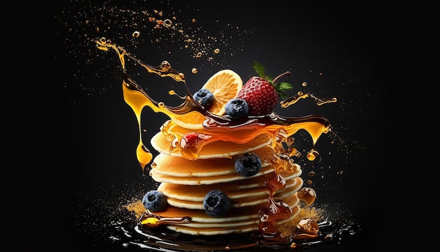 Pile of pancakes with honey and berries on a black background Generative AI