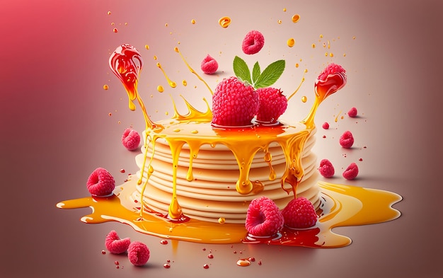 Pile of pancakes with honey and raspberry