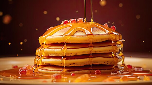 Pile of pancakes with melted sweet syrup and fruit toppings with a blurred background