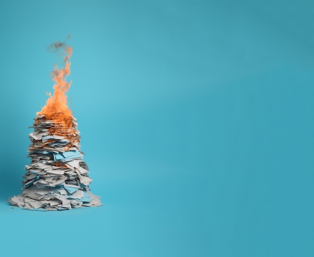 A pile of paper on fire over a blue background