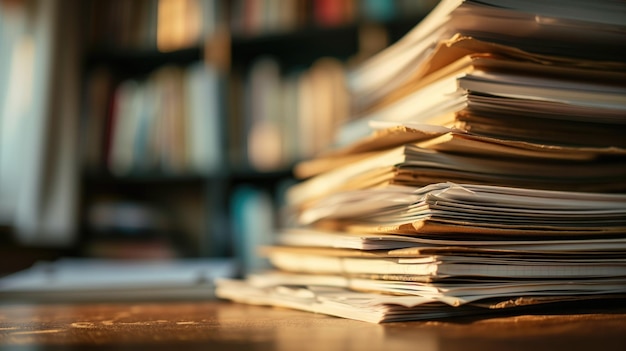 Pile of papers with bookshelf in the background