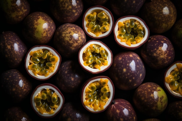 A pile of passion fruit with the word passion on the top.