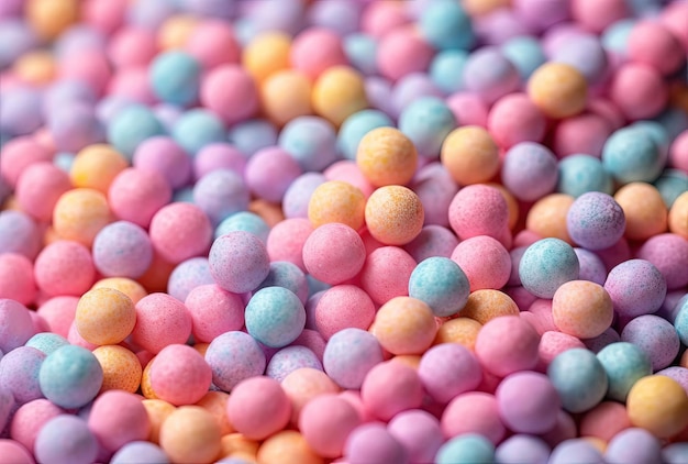 Pile of pastel color balls on pink