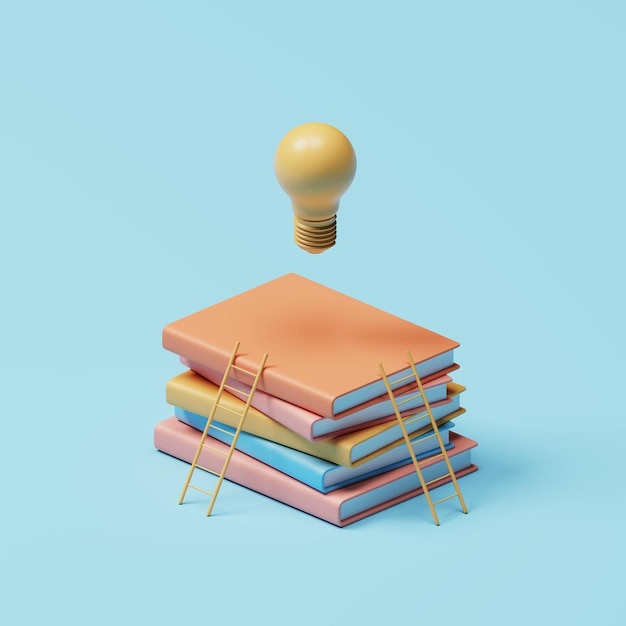 Pile of pastel color books and ladders on side Light bulb above