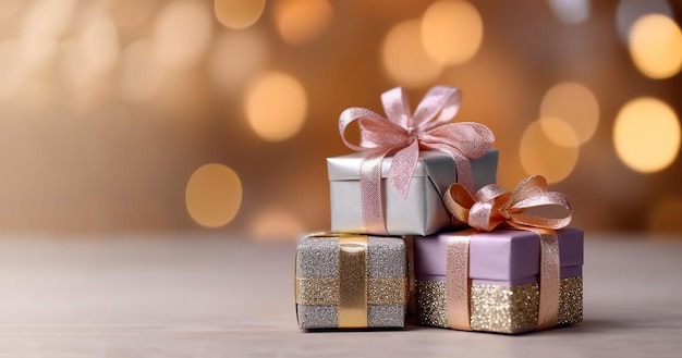 Pile of pastel colored gift boxes with glitter on bokeh background multiple presents with silk ribbo