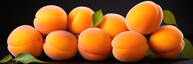 A Pile Of Peaches With Leaves On A Black Background