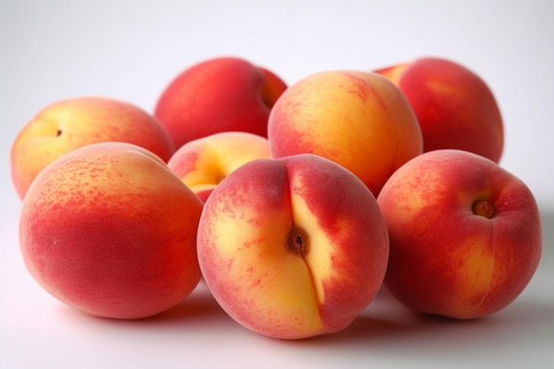 A pile of peaches with a small hole in the middle.