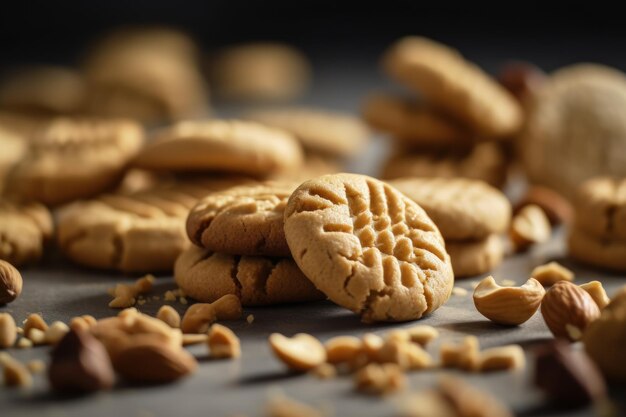 Photo a pile of peanut butter cookies on a table.