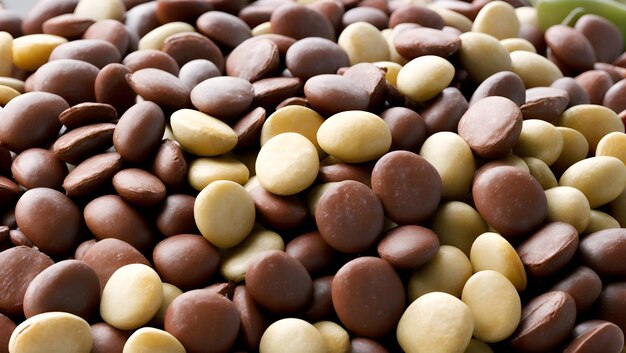 A pile of peanuts with one that says'chocolate'on it