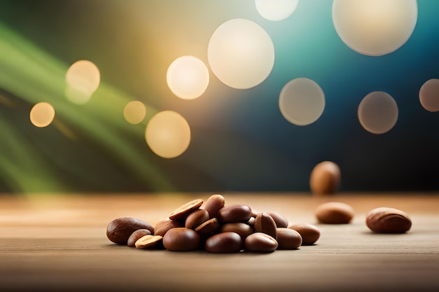 A pile of peanuts on a wooden table with a blue and green background