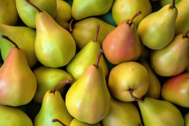 A pile of pears are stacked on top of each other.