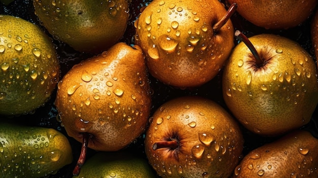 A pile of pears with water droplets on them