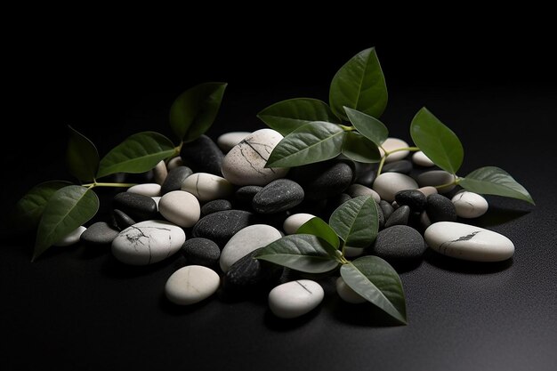 A pile of pebbles with green leaves and a black background