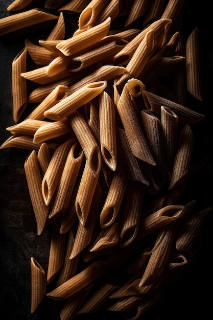 A pile of penne pasta with a dark background.