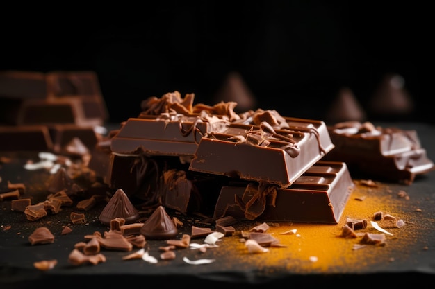 Pile of pieces of chocolate sitting on top of table next to other pieces of chocolate Generative AI