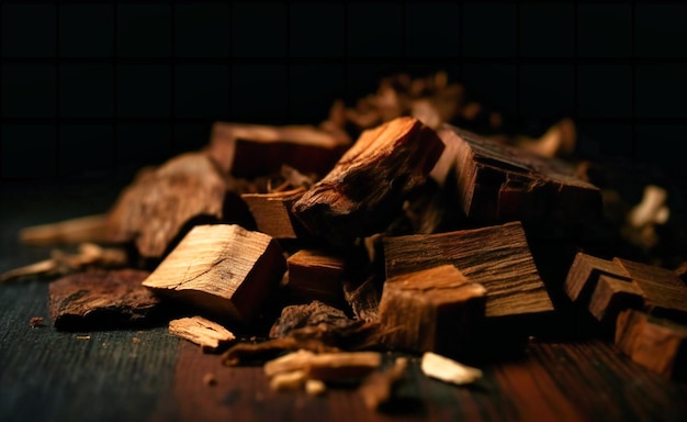 A pile of pieces of wood on a black surface