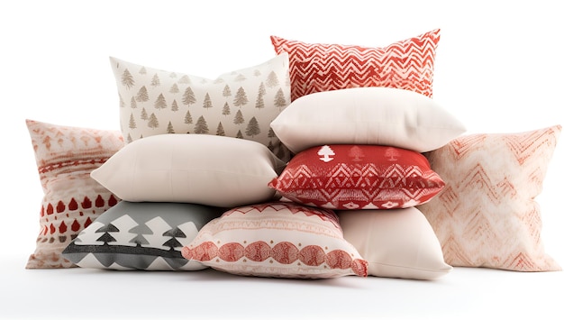 a pile of pillows with a white and red pattern