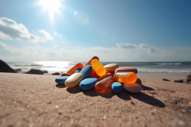 A pile of pills on a beach with the sun shining on the water