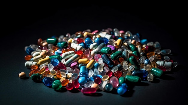 A pile of pills on a black background